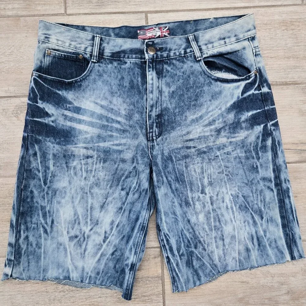 GS-115 Vintage Cut Off Jean‎ Shorts Men's Acid Wash Retro 90s Grunge Flag 38